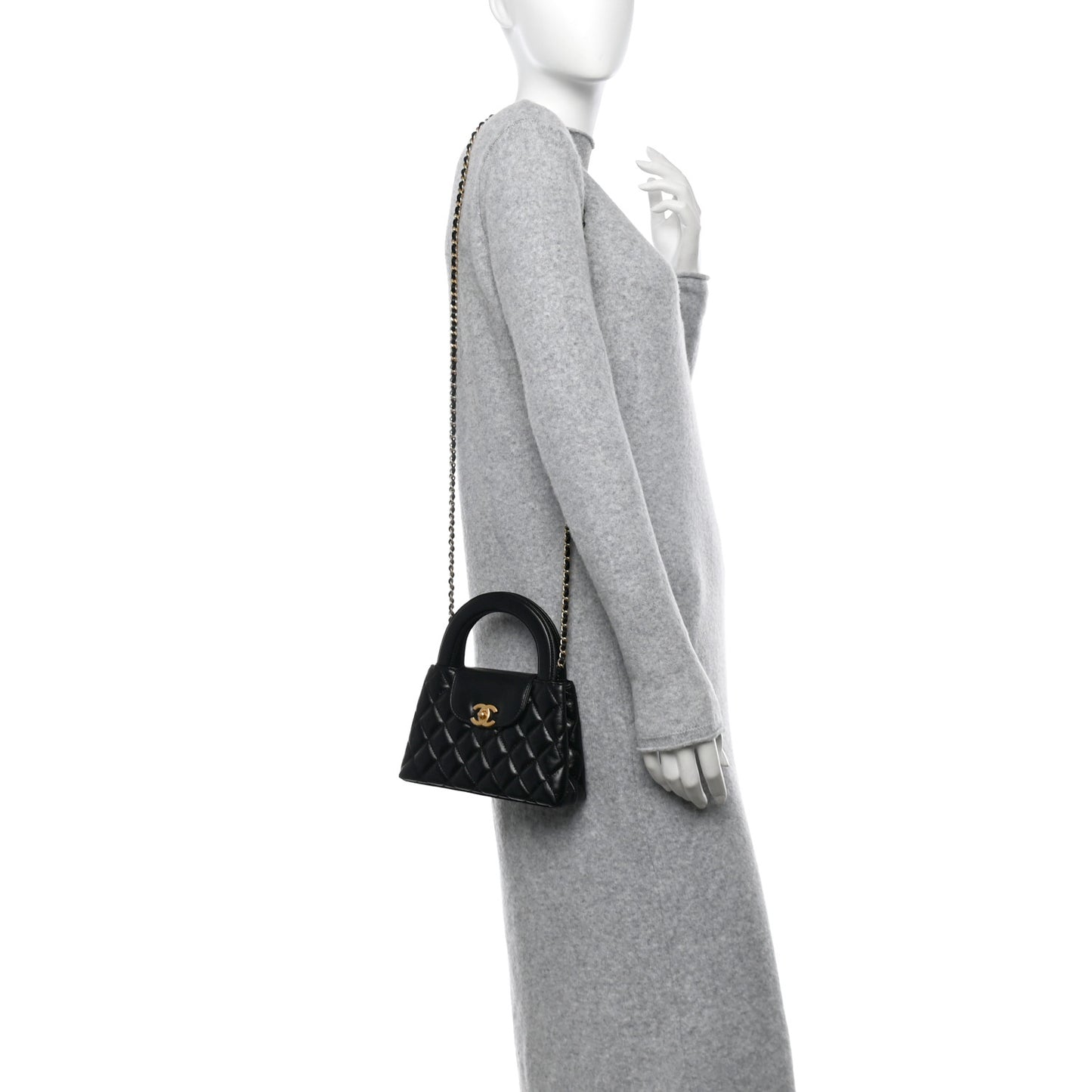 Shiny Aged Calfskin Quilted Nano Kelly Shopper Black