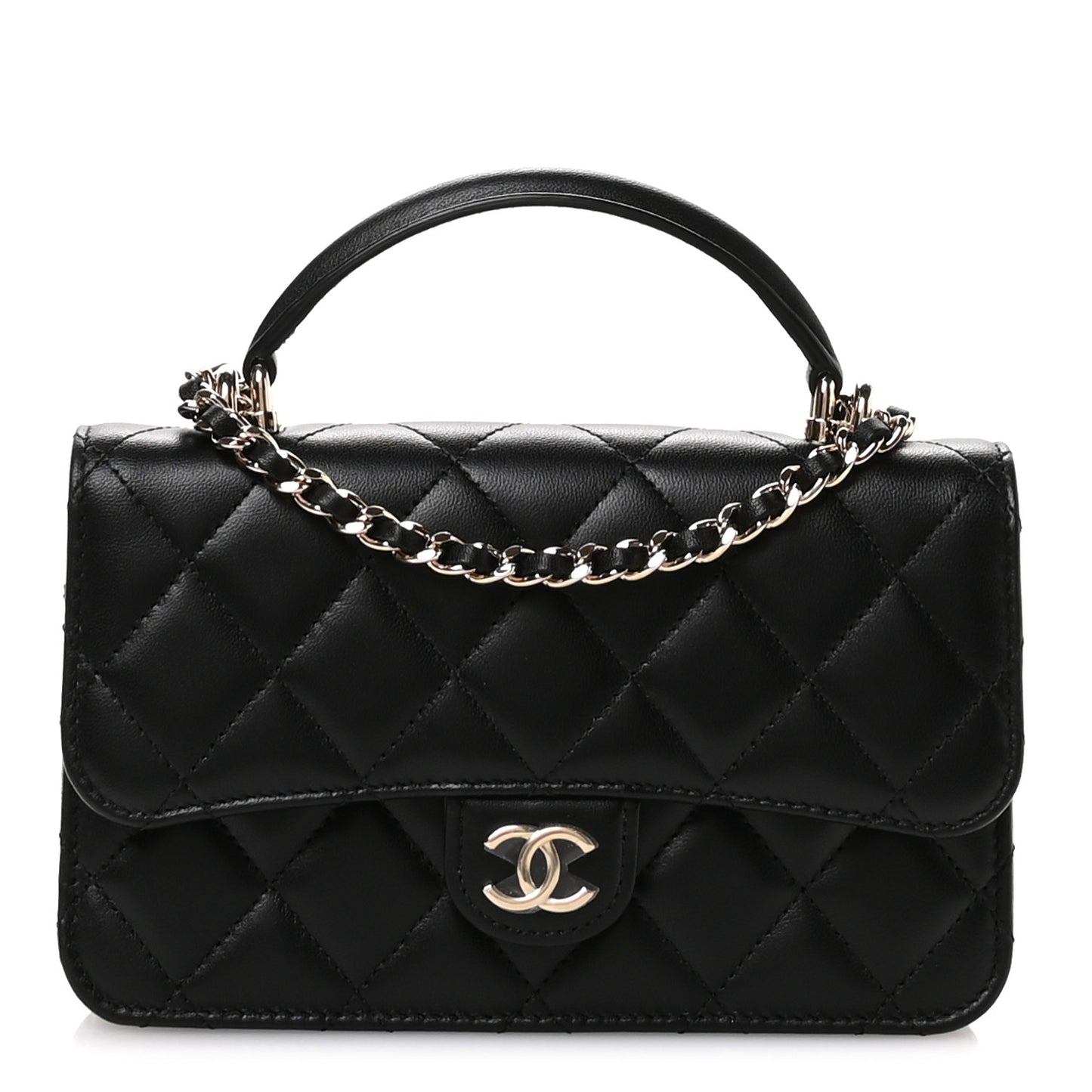 Lambskin Quilted Flap Phone Holder With Chain Black