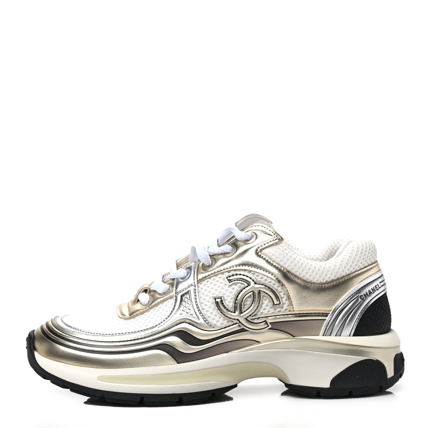 Fabric Laminated Calfskin Stretch CC Sneakers 37 White Gold Silver