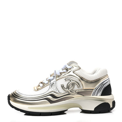 Chanel Fabric Laminated Calfskin Stretch CC Sneakers 37 White Gold Silver 1 of 8