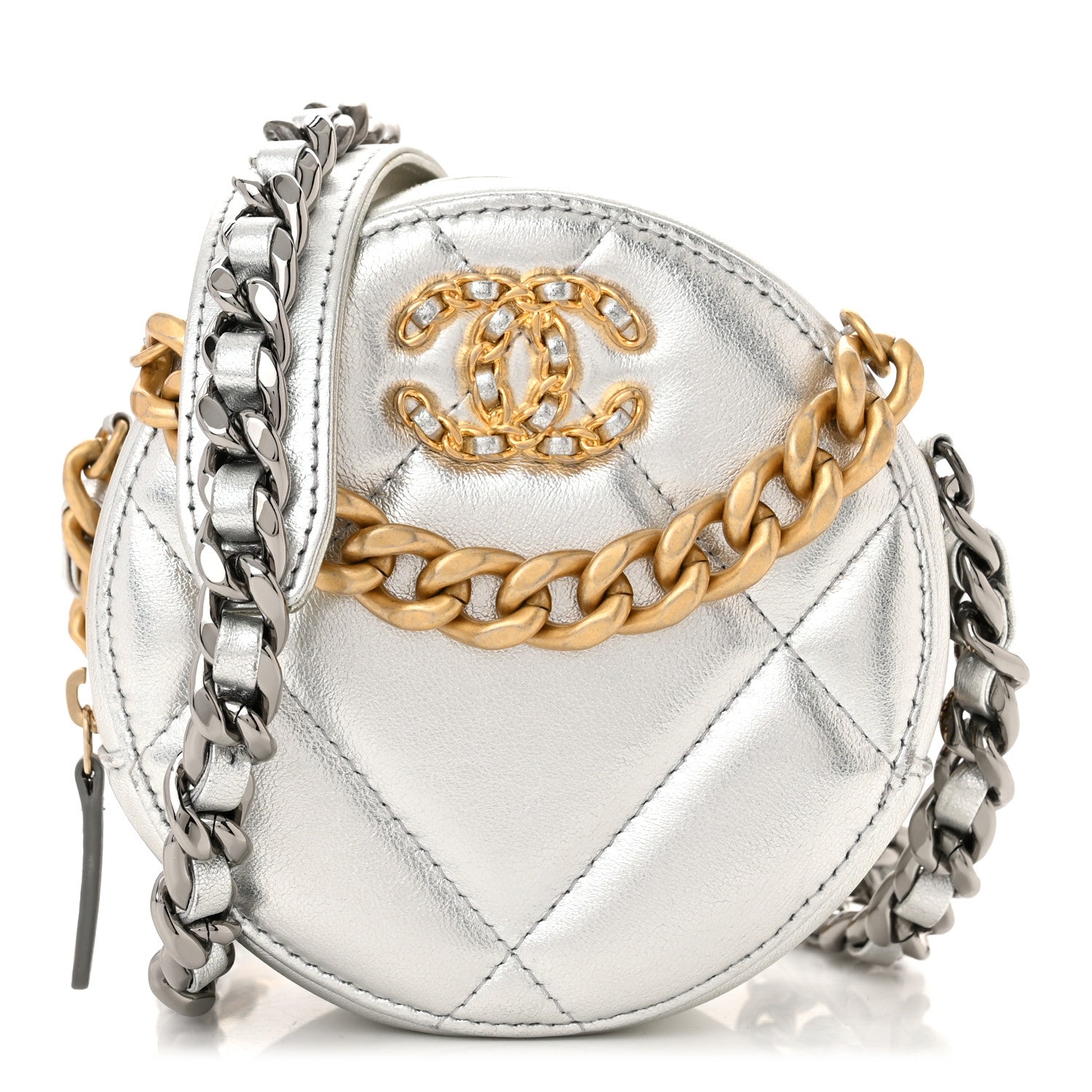 Chanel Metallic Lambskin Quilted Chanel 19 Round Clutch With Chain Silver 1 of 10