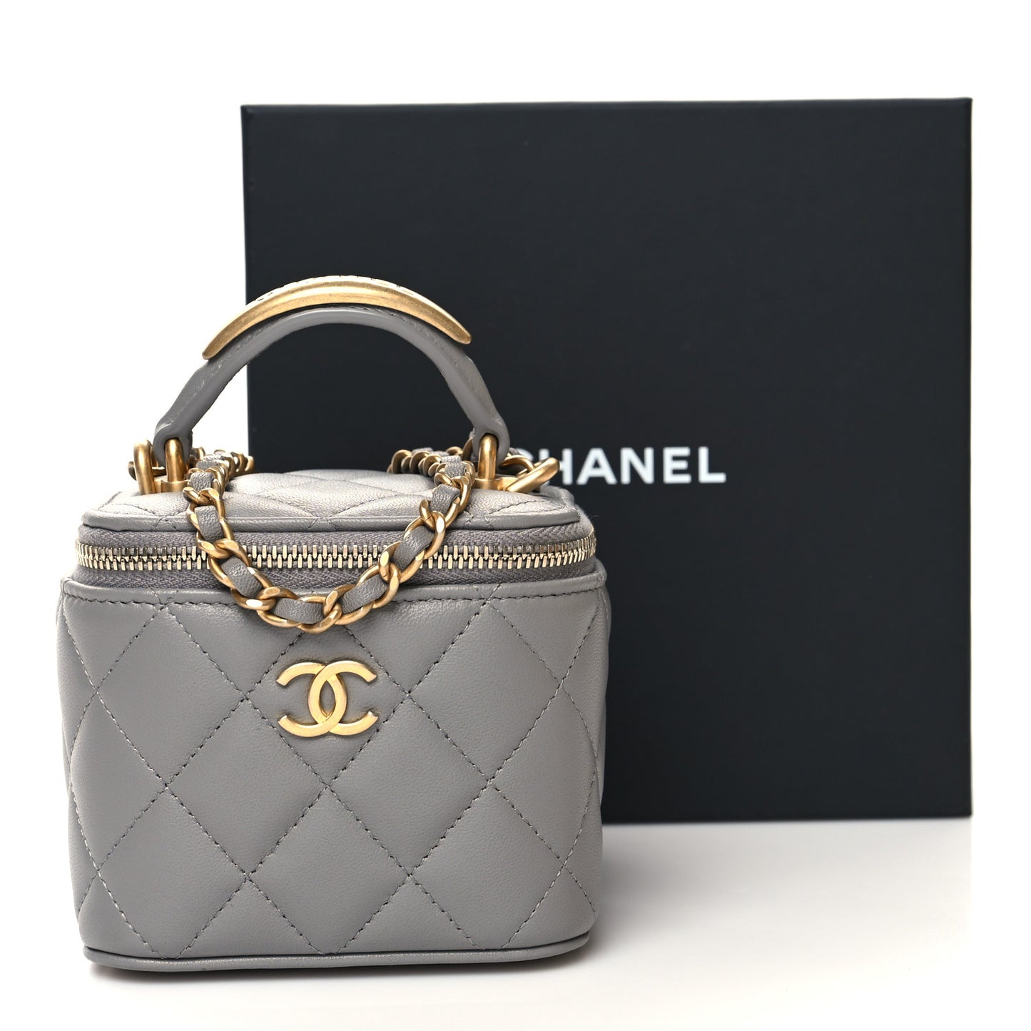Lambskin Quilted Metal Mini Top Handle Vanity Case With Chain Grey