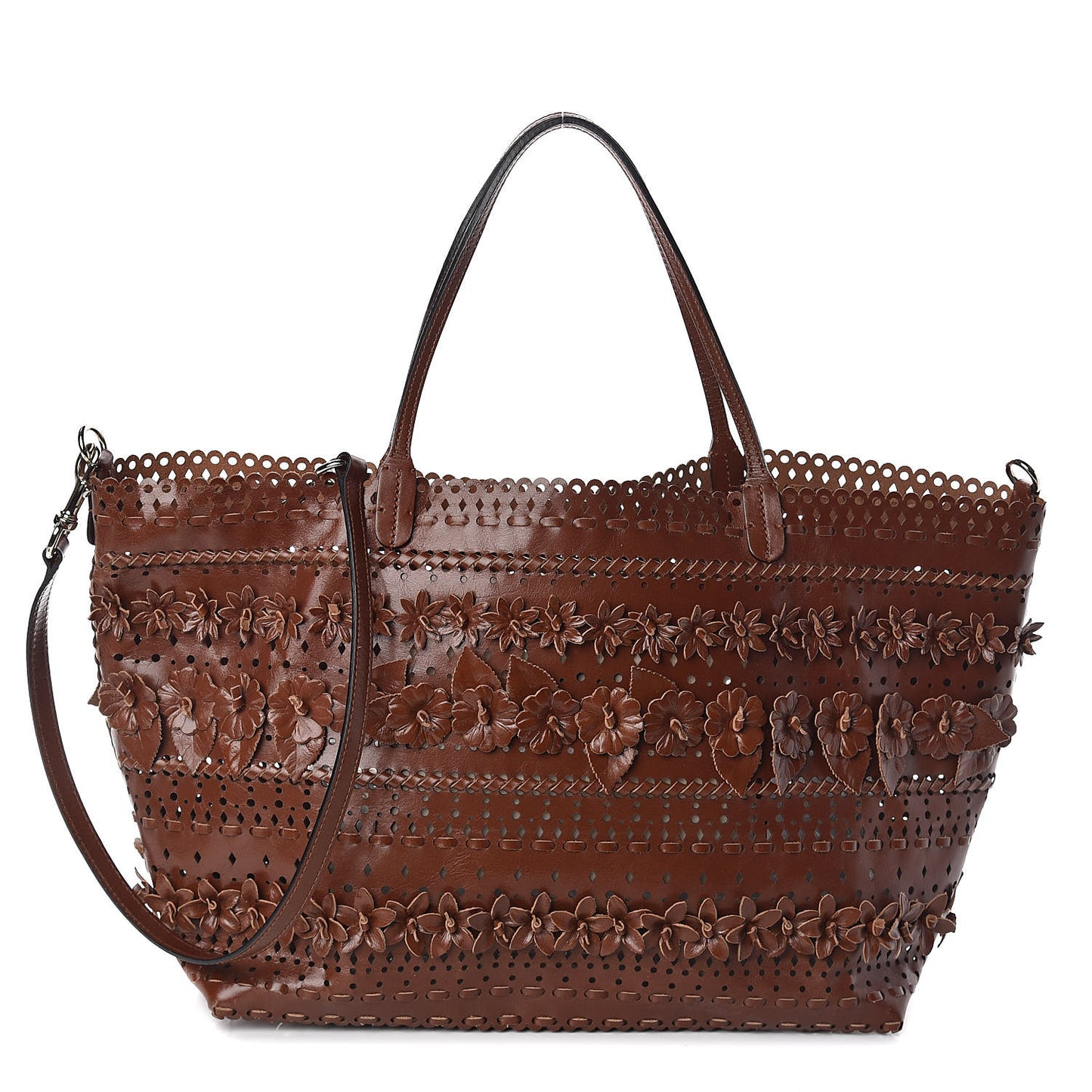 Calfskin Punched Lace Floral Tote Cognac