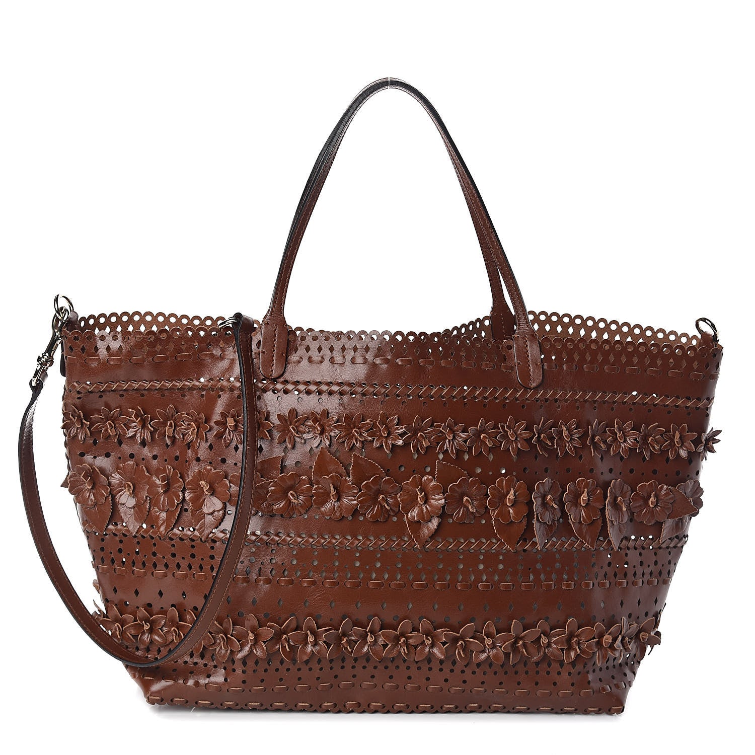 Valentino Garavani Calfskin Punched Lace Floral Tote Cognac 1 of 10
