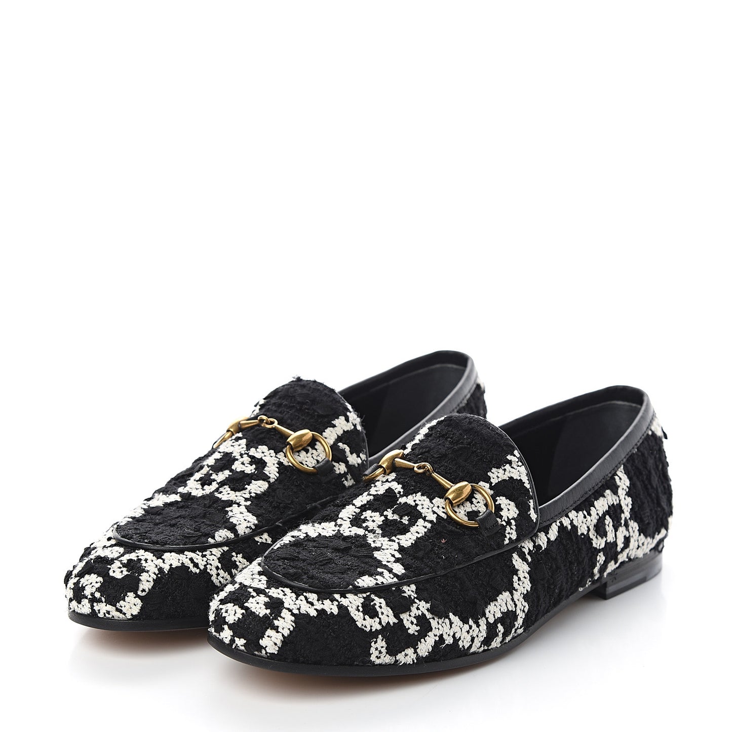 Tweed GG Monogram Horsebit Womens Jordaan Loafers 35 Black Natural