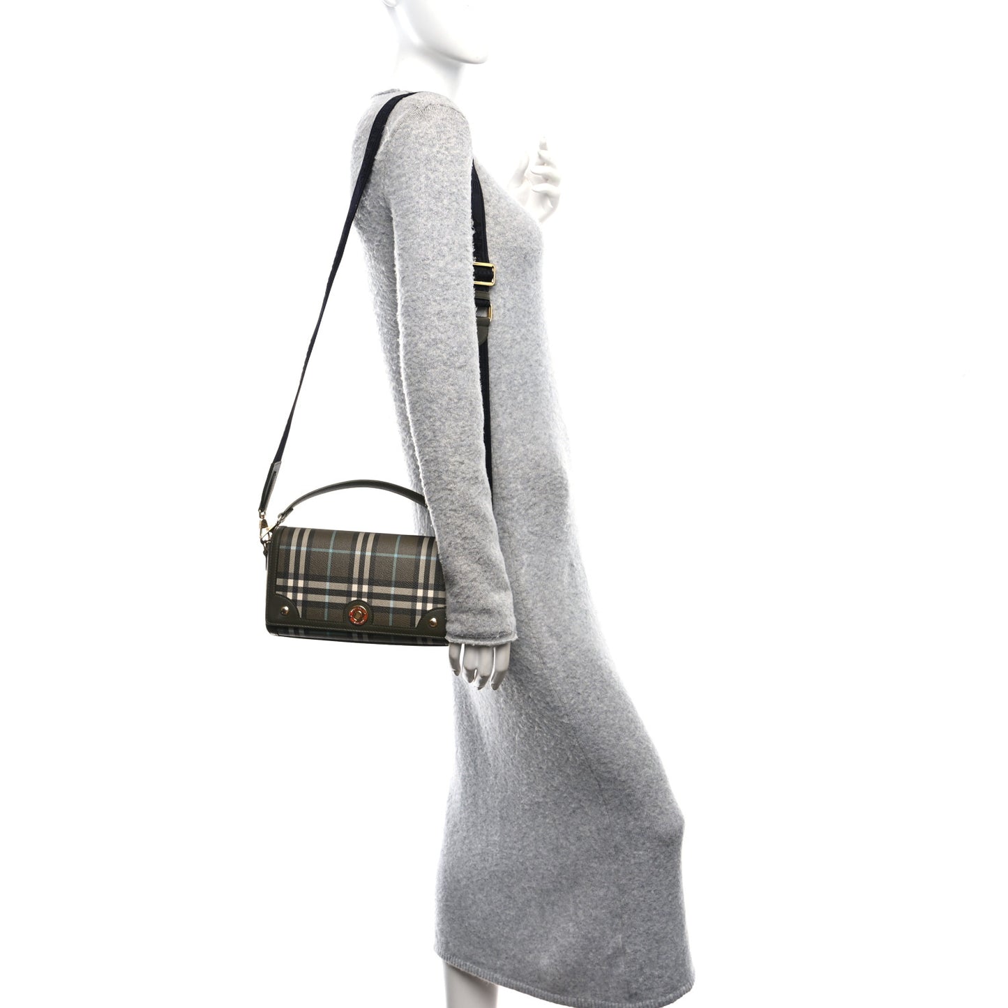 Coated Canvas Calfskin Vintage Check Note Top Handle Shoulder Bag Olive Green
