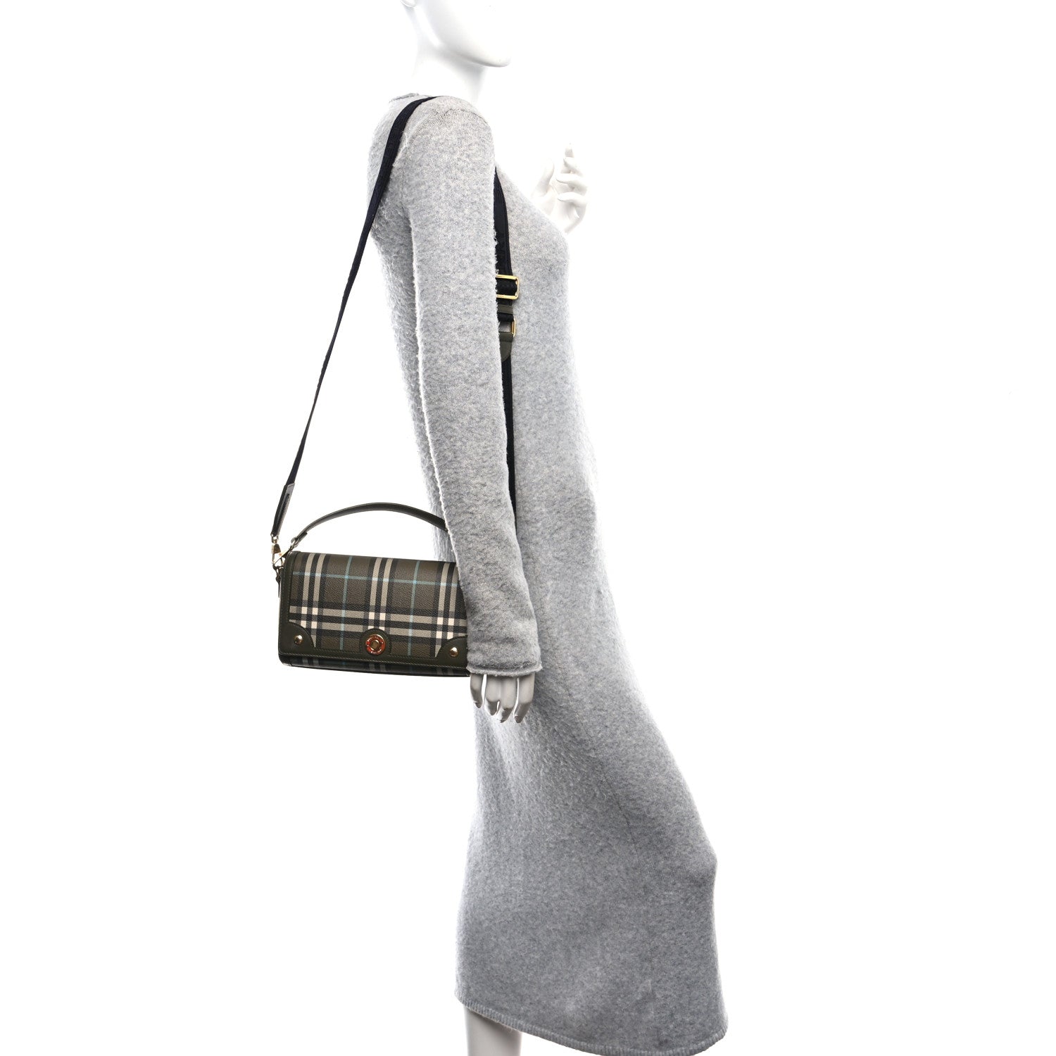 Burberry Coated Canvas Calfskin Vintage Check Note Top Handle Shoulder Bag Olive Green 2 of 11