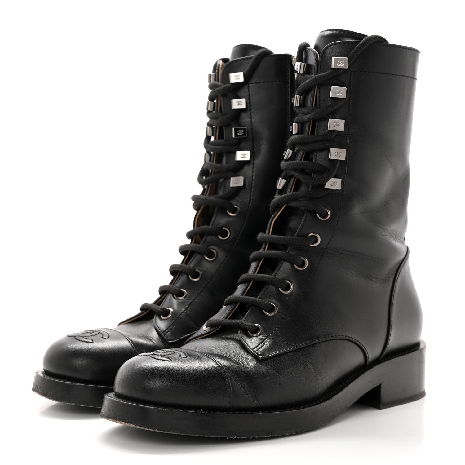 Chanel Calfskin Lace Up Combat Boots 36 Black 3 of 16