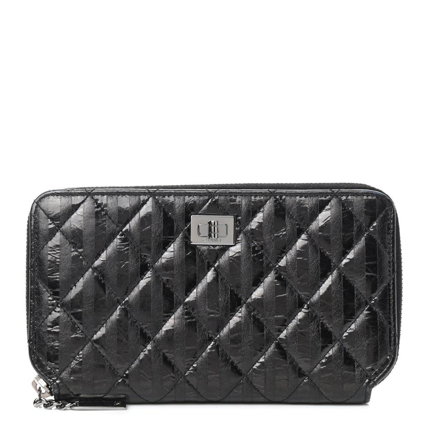 Aged Calfskin Striped Reissue Zip Around Wallet Black