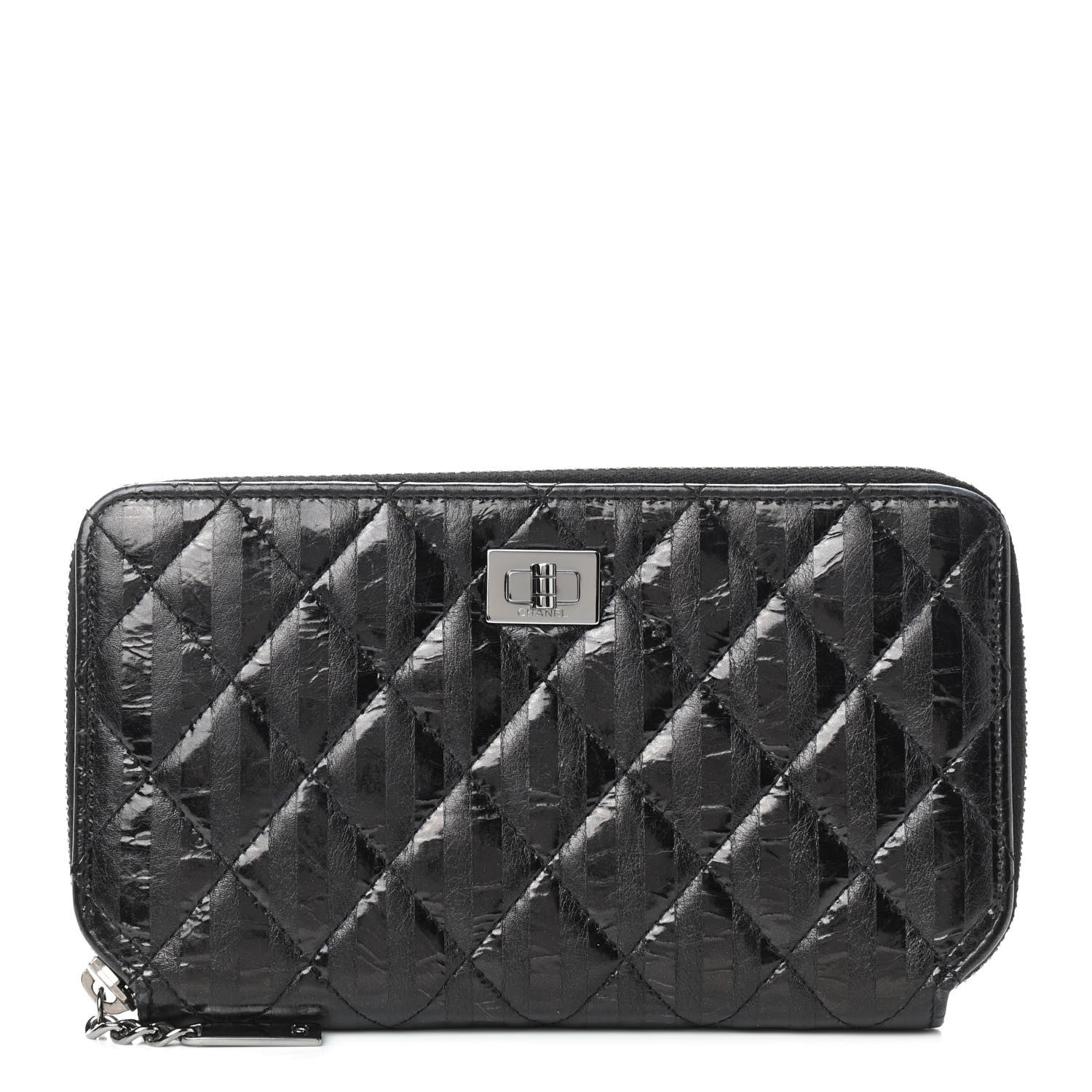 Chanel Aged Calfskin Striped Reissue Zip Around Wallet Black 1 of 11