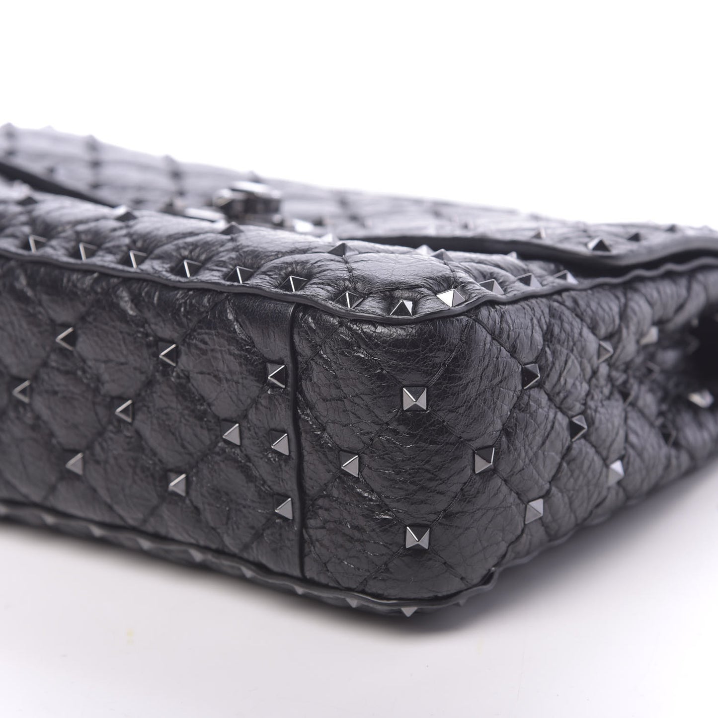 Craquele Nappa Medium Rockstud Spike Shoulder Bag Black