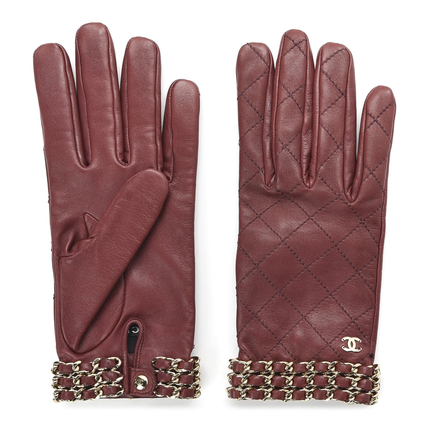 Lambskin Stitched Chain CC Gloves 7.5 Burgundy