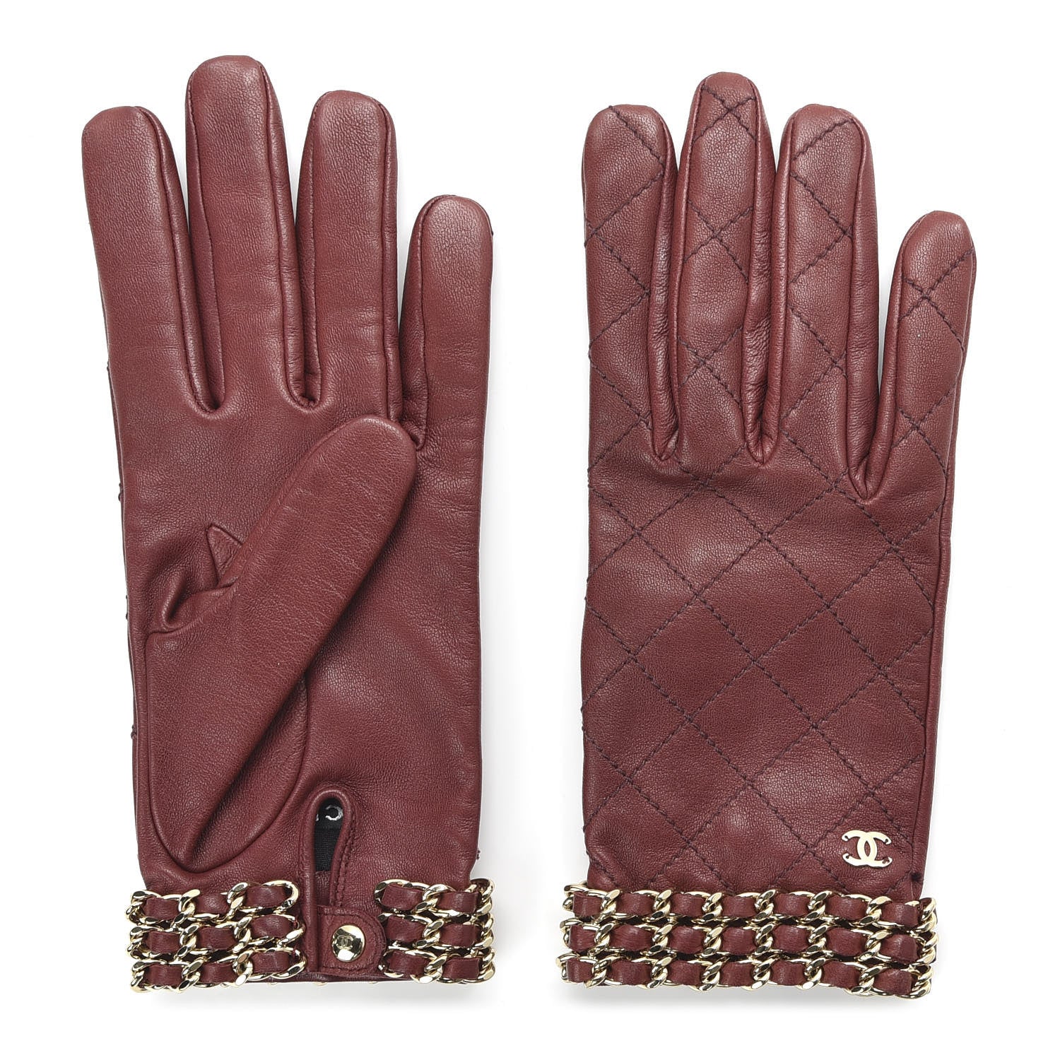 Chanel Lambskin Stitched Chain CC Gloves 7.5 Burgundy 2 of 6
