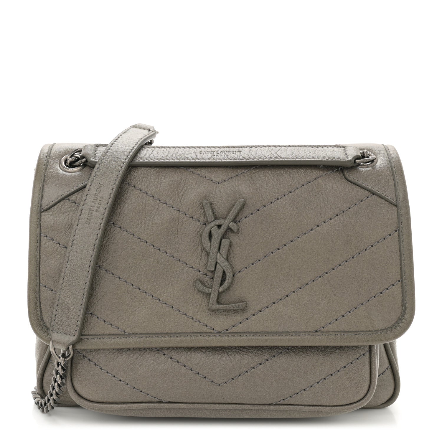 Saint Laurent Crinkled Calfskin Matelasse Monogram Baby Niki Chain Satchel Grey Kaki 1 of 10