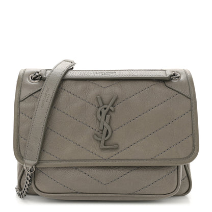 Saint Laurent Crinkled Calfskin Matelasse Monogram Baby Niki Chain Satchel Grey Kaki 1 of 10