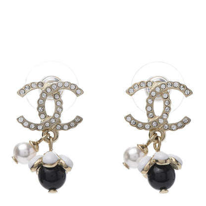 Chanel Crystal Bead Pearl CC Drop Earrings Gold White Black 1 of 5
