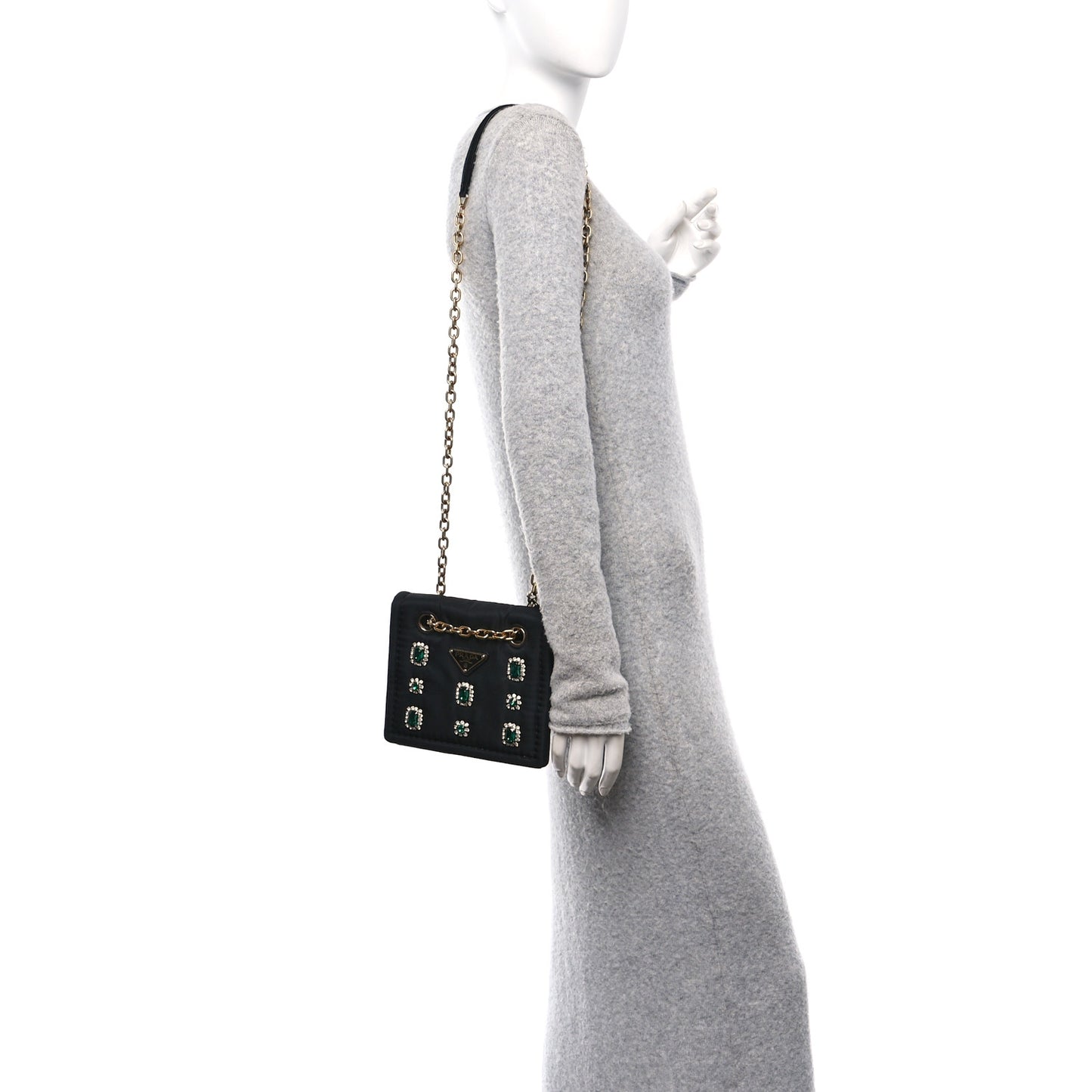 Tessuto Nylon Crystal Chain Flap Shoulder Bag Black