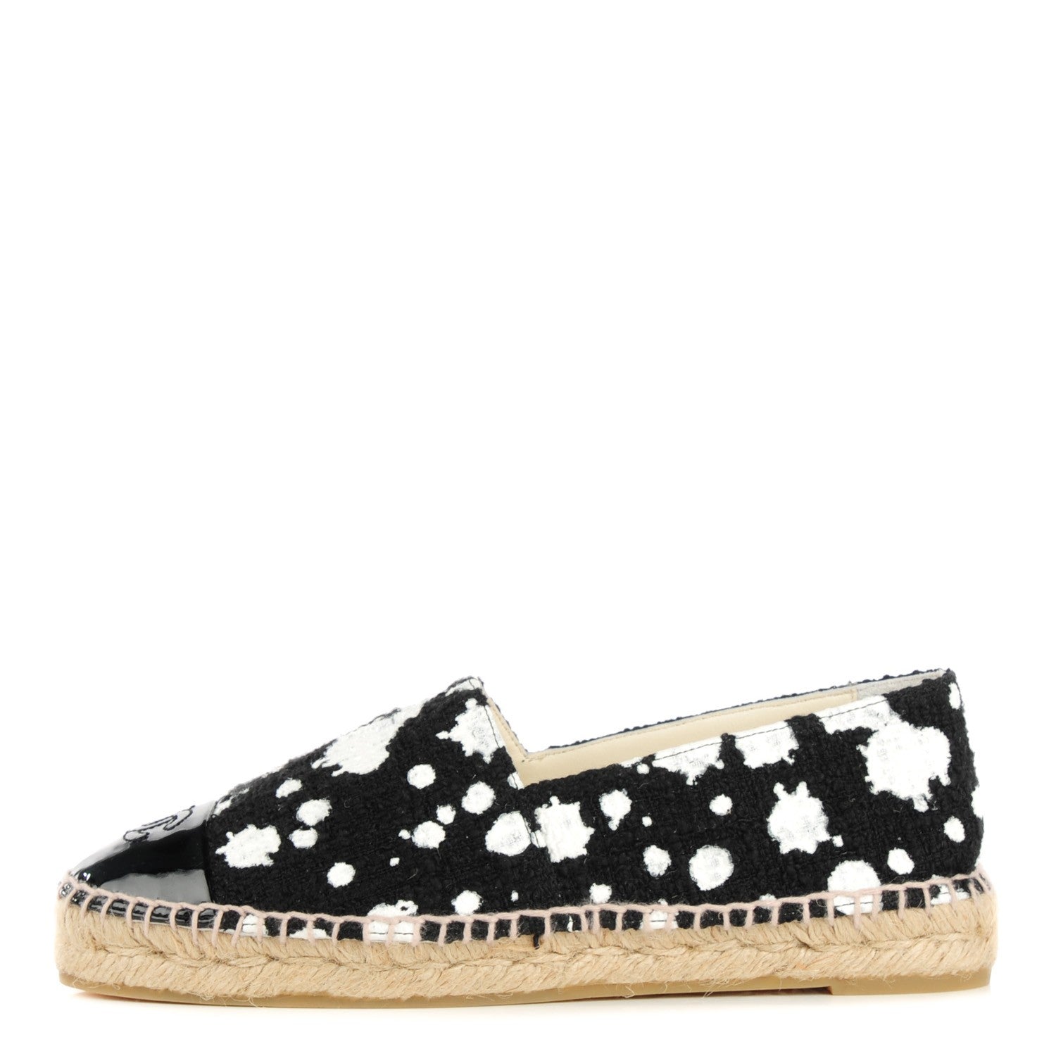 Chanel Patent Tweed Splatter Paint Print Cap Toe CC Espadrilles 38 Black White 1 of 7