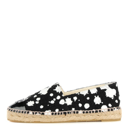 Chanel Patent Tweed Splatter Paint Print Cap Toe CC Espadrilles 38 Black White 1 of 7