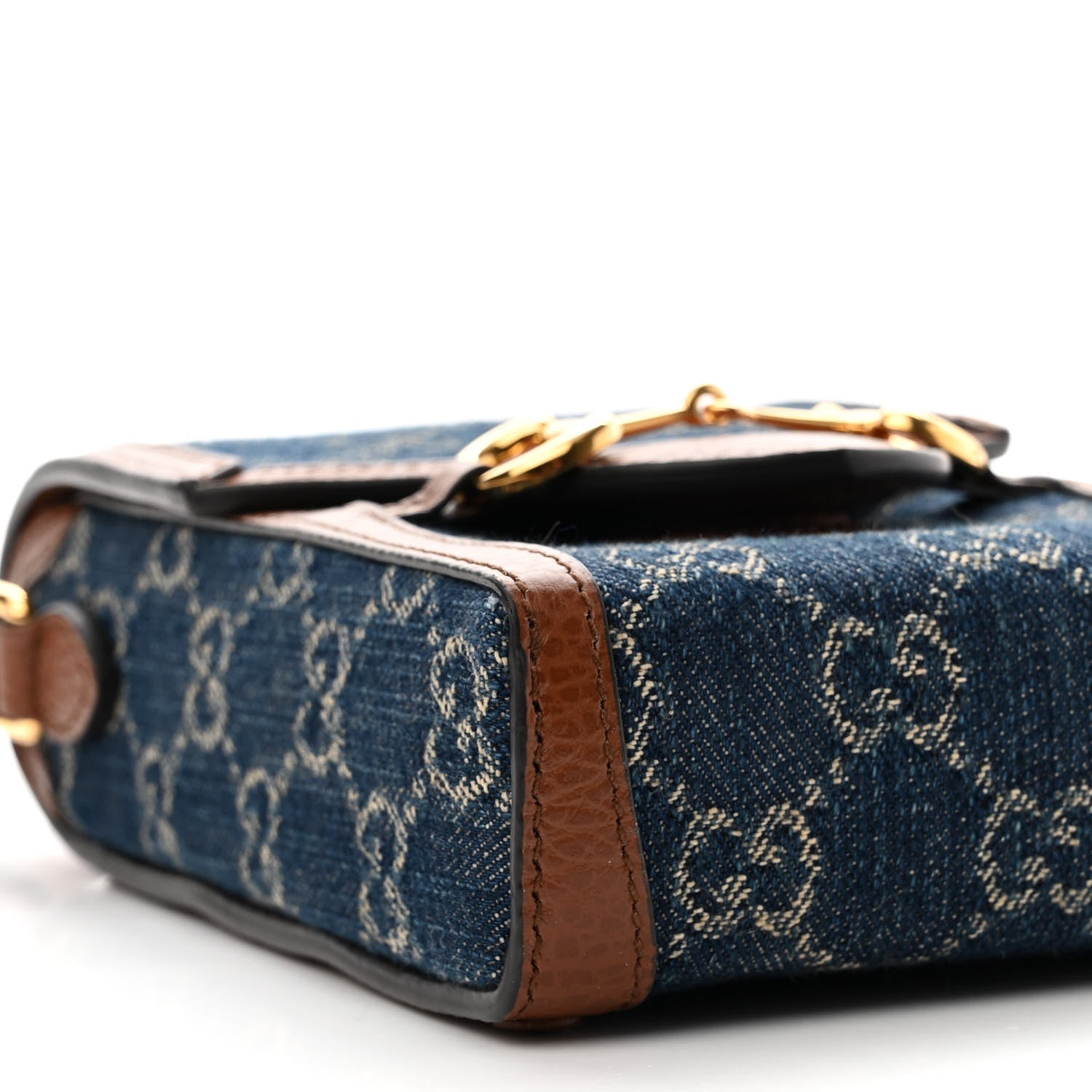 Gucci New Denim GG Monogram Dollar Calfskin Mini Horsebit 1955 Crossbody Bag Blue Tea Cuir Epilog 9 of 12