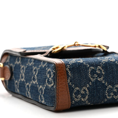 Gucci New Denim GG Monogram Dollar Calfskin Mini Horsebit 1955 Crossbody Bag Blue Tea Cuir Epilog 9 of 12