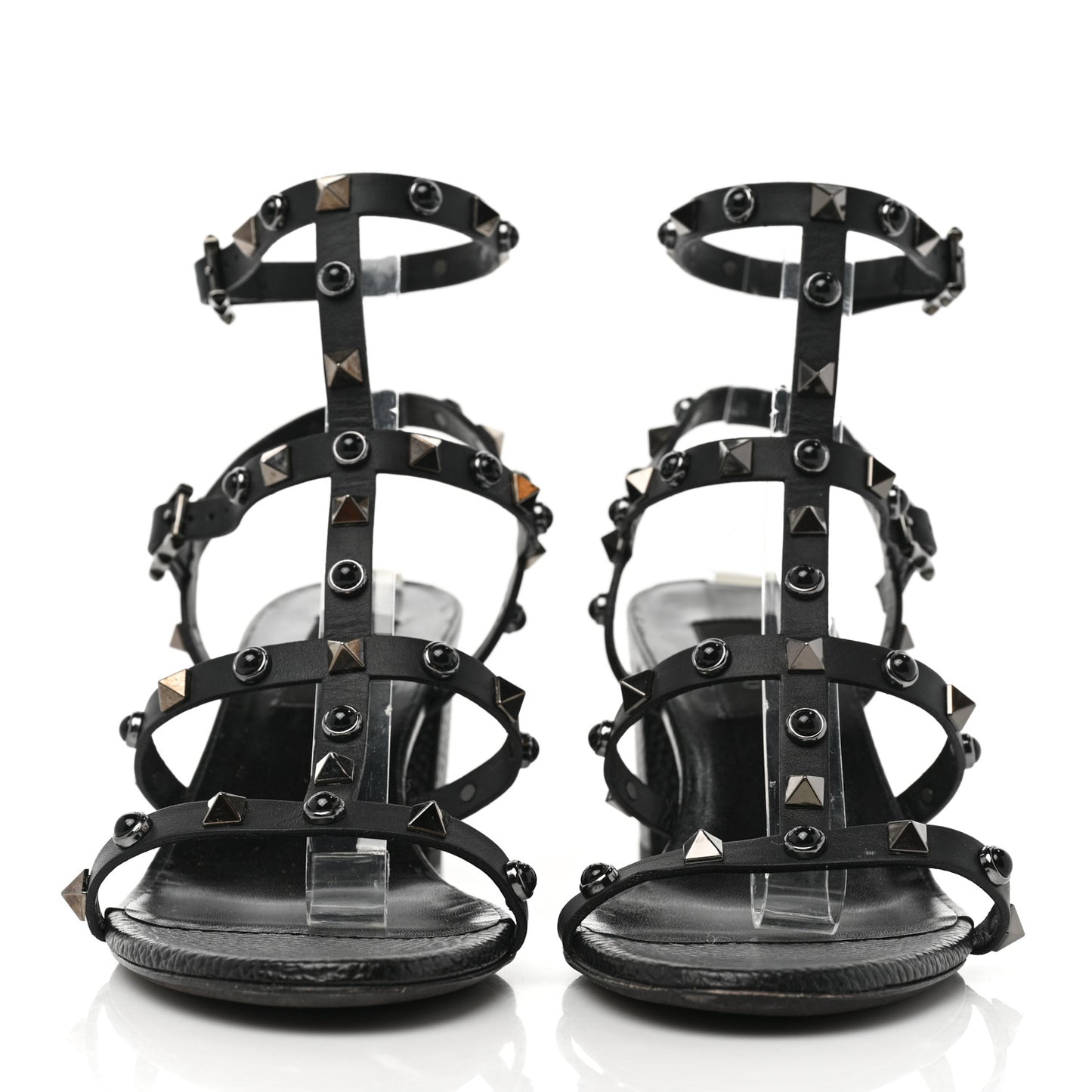 Calfskin Onyx Rockstud Rolling 60mm Caged Sandals 38 Black