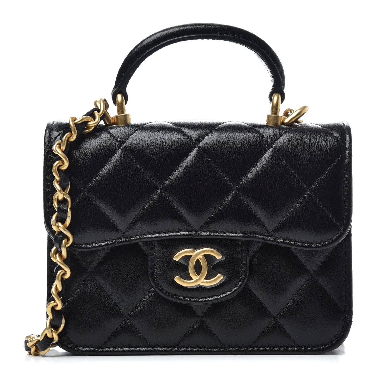 Lambskin Quilted Top Handle Flap Coin Purse With Chain Black