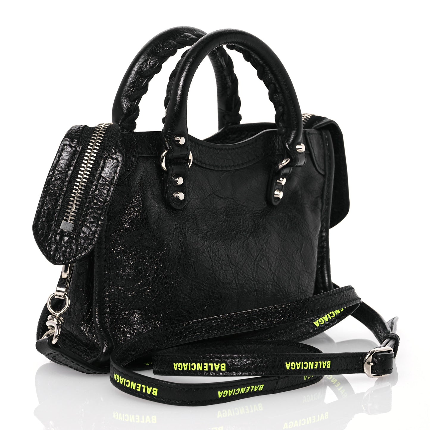 Agneau Classic Silver Hardware Nano City Logo Strap Black Fluo Yellow