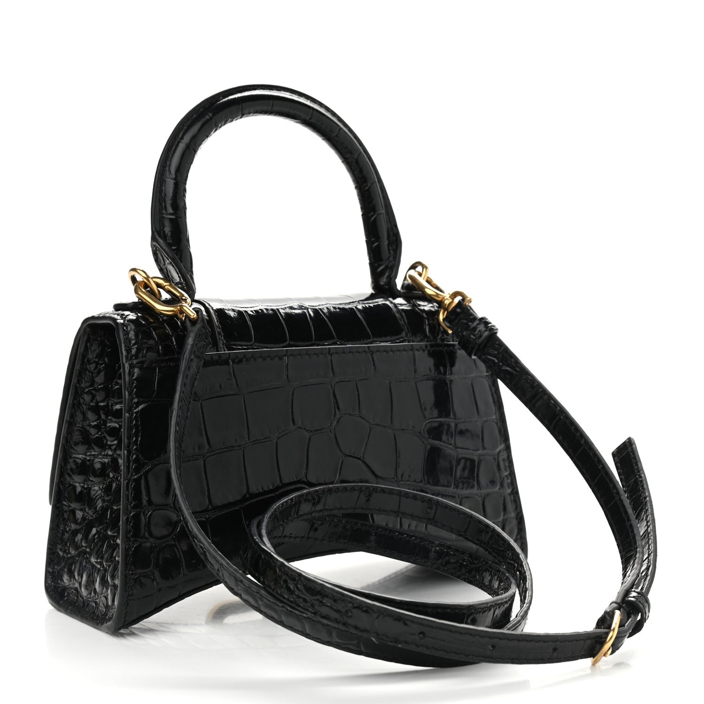 Shiny Calfskin Crocodile Embossed Hourglass Top Handle Bag XS Black