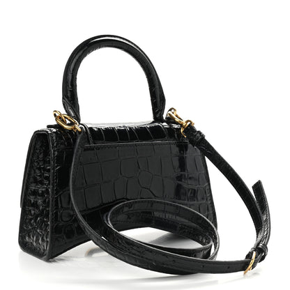 Balenciaga Shiny Calfskin Crocodile Embossed Hourglass Top Handle Bag XS Black 2 of 9