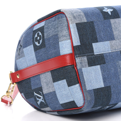 Louis Vuitton Denim Damier Monogram Patchwork Speedy Bandouliere 30 Blue Rouge 7 of 10