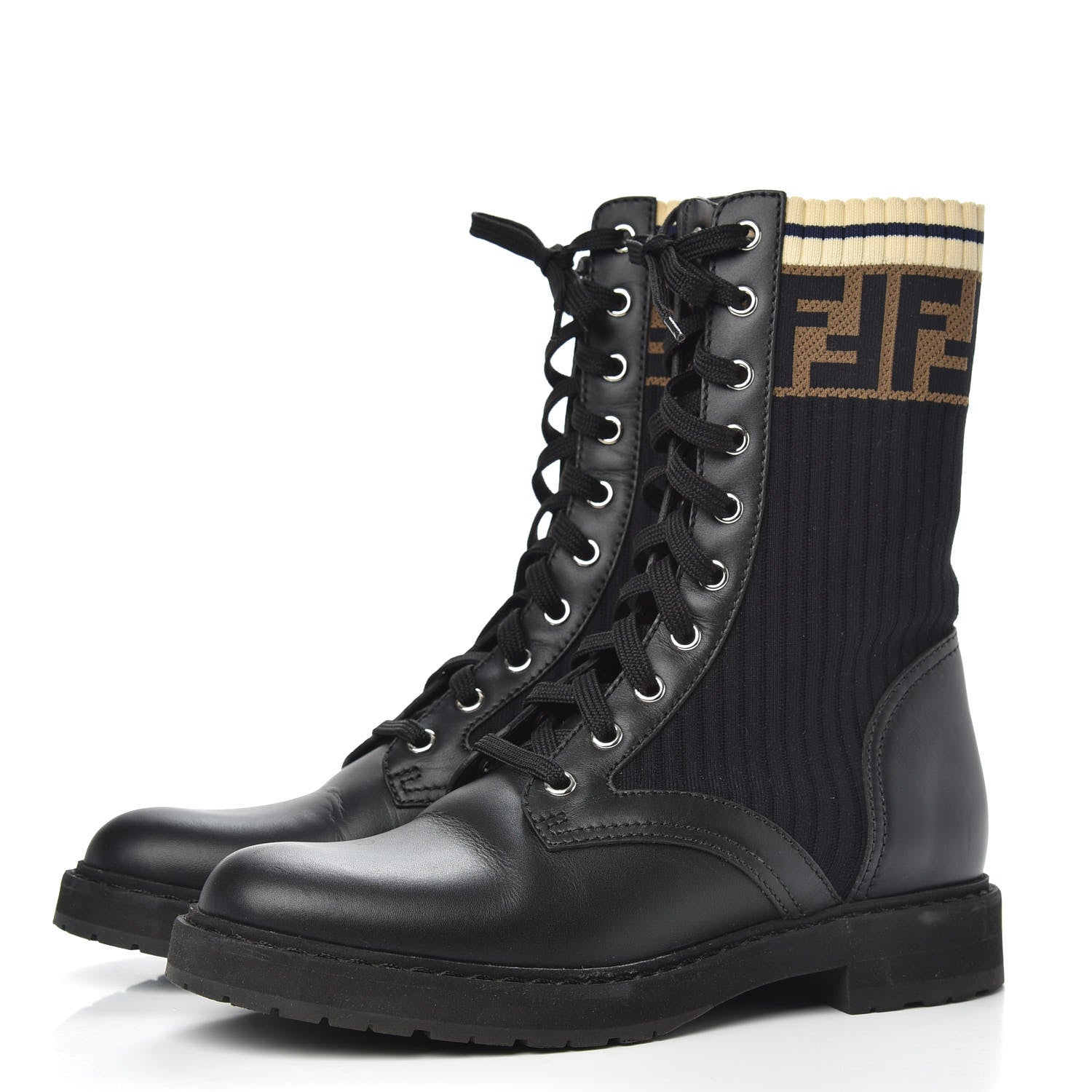 Fendi Calfskin Stretch Fabric Rockoko Biker Boots 37 Tobacco Black Marino 3 of 8
