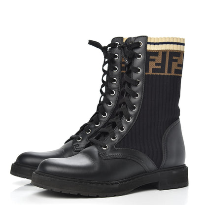 Fendi Calfskin Stretch Fabric Rockoko Biker Boots 37 Tobacco Black Marino 3 of 8