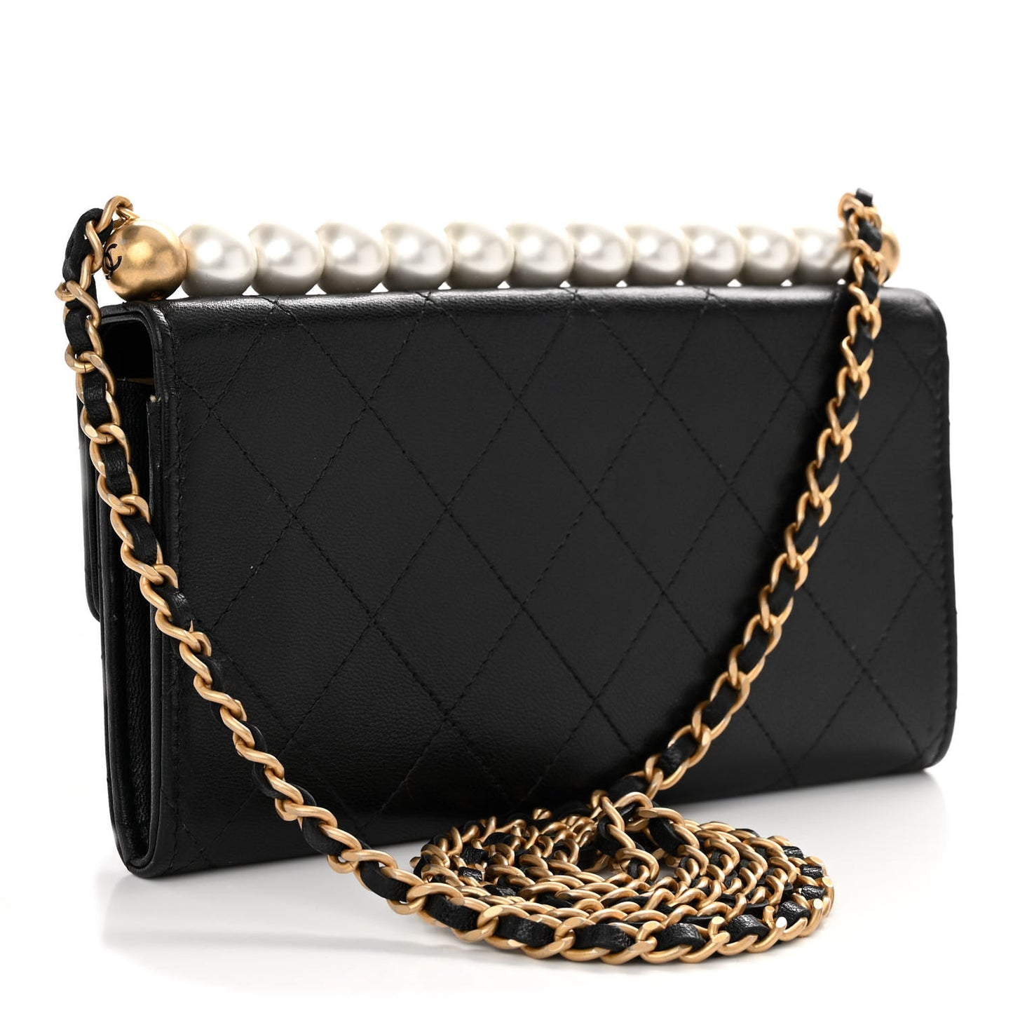 Goatskin Quilted Chic Pearls Clutch With Chain Black