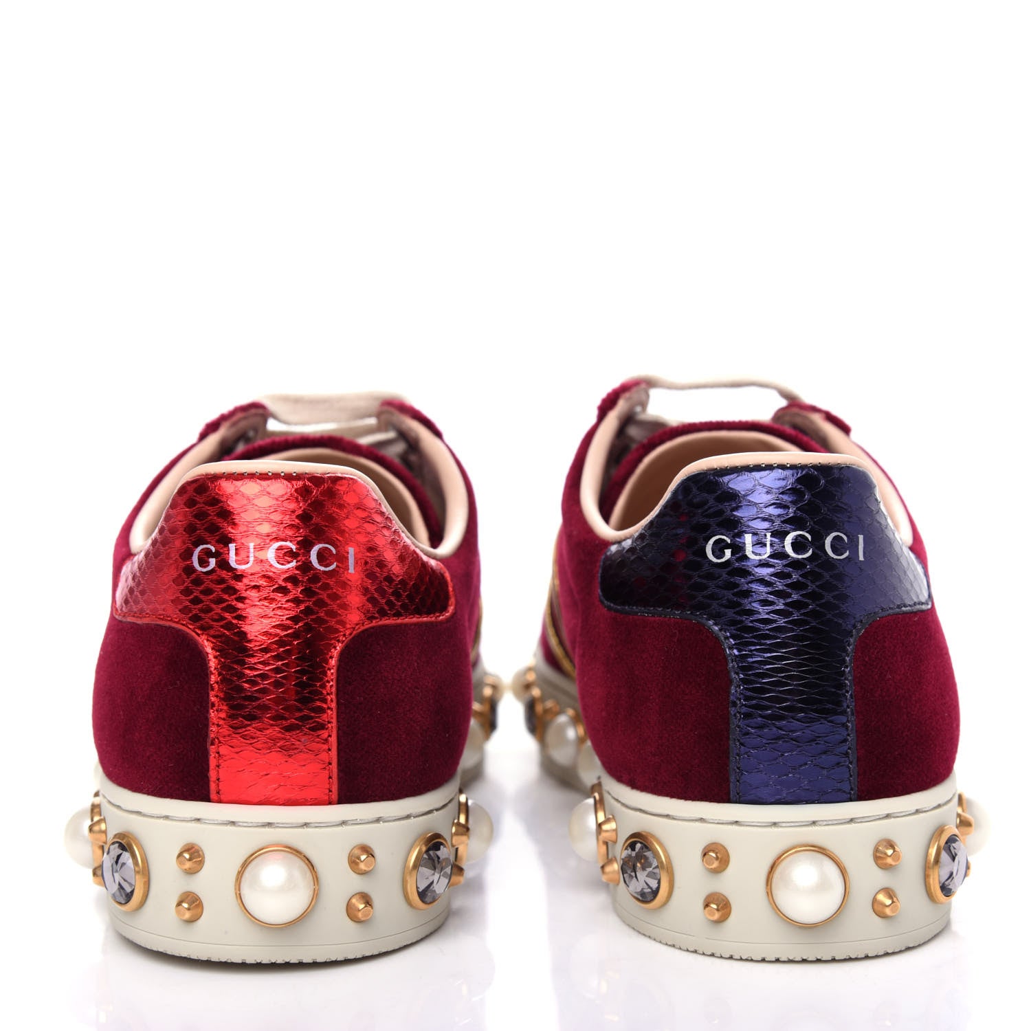 Gucci Velvet Ayers Web Faux Pearl Embellished Womens New Ace Sneakers 35 Malbec Oro Vecchio 7 of 11