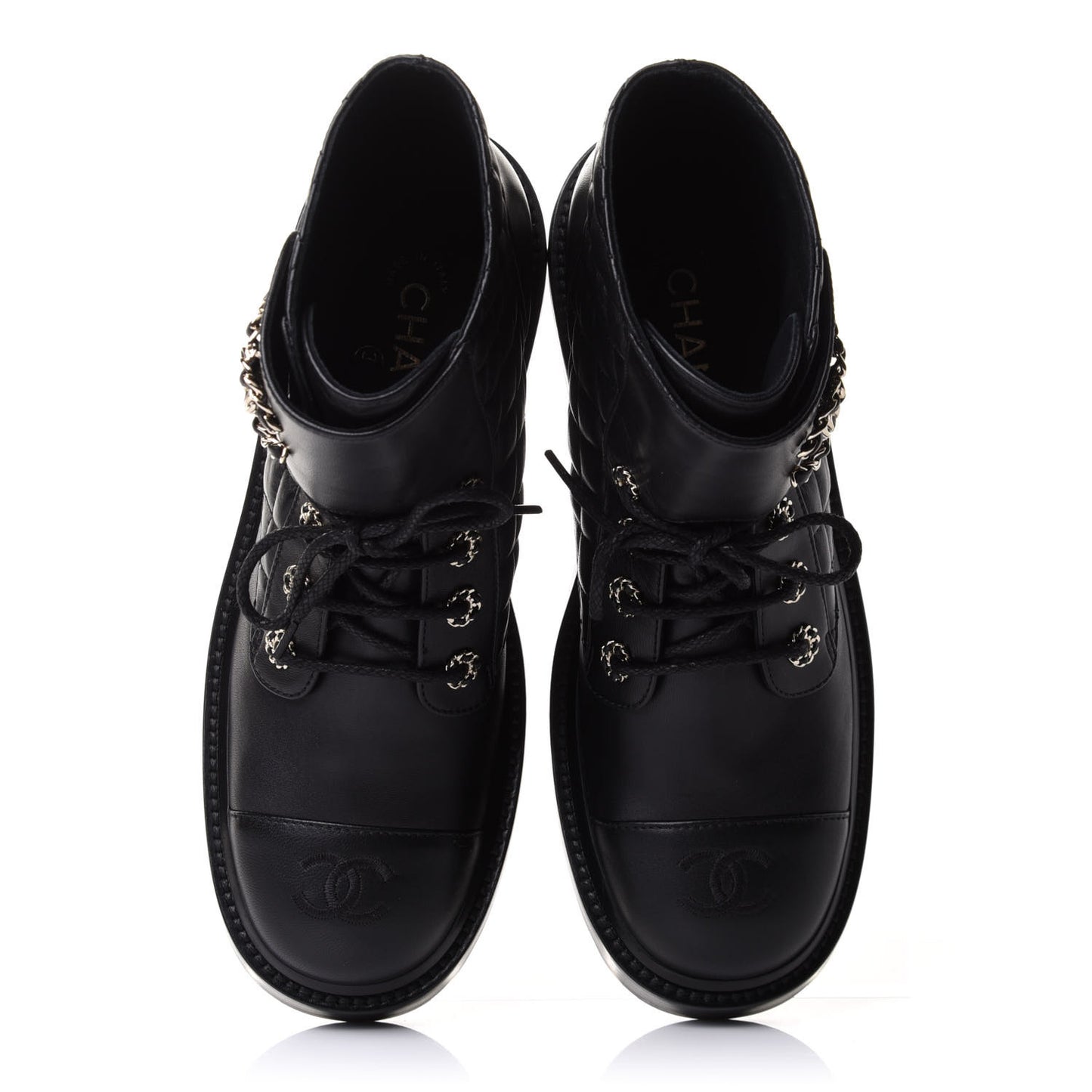 Shiny Lambskin Quilted Lace Up Combat Boots 39.5 Black