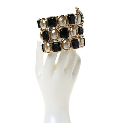 Chanel Resin Enamel Pearl CC Cuff Bracelet Gold Black Pearly White 2 of 5