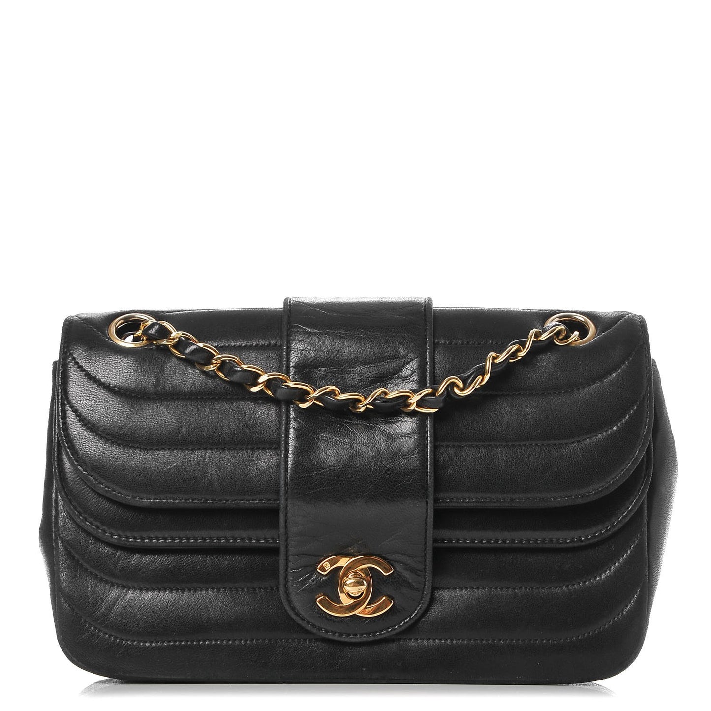 Lambskin Horizontal Quilted Small Single Flap Navy