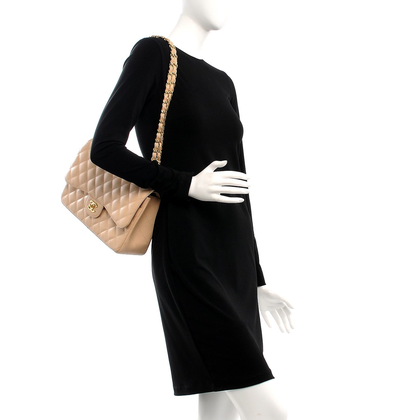 Caviar Quilted Jumbo Double Flap Beige Clair
