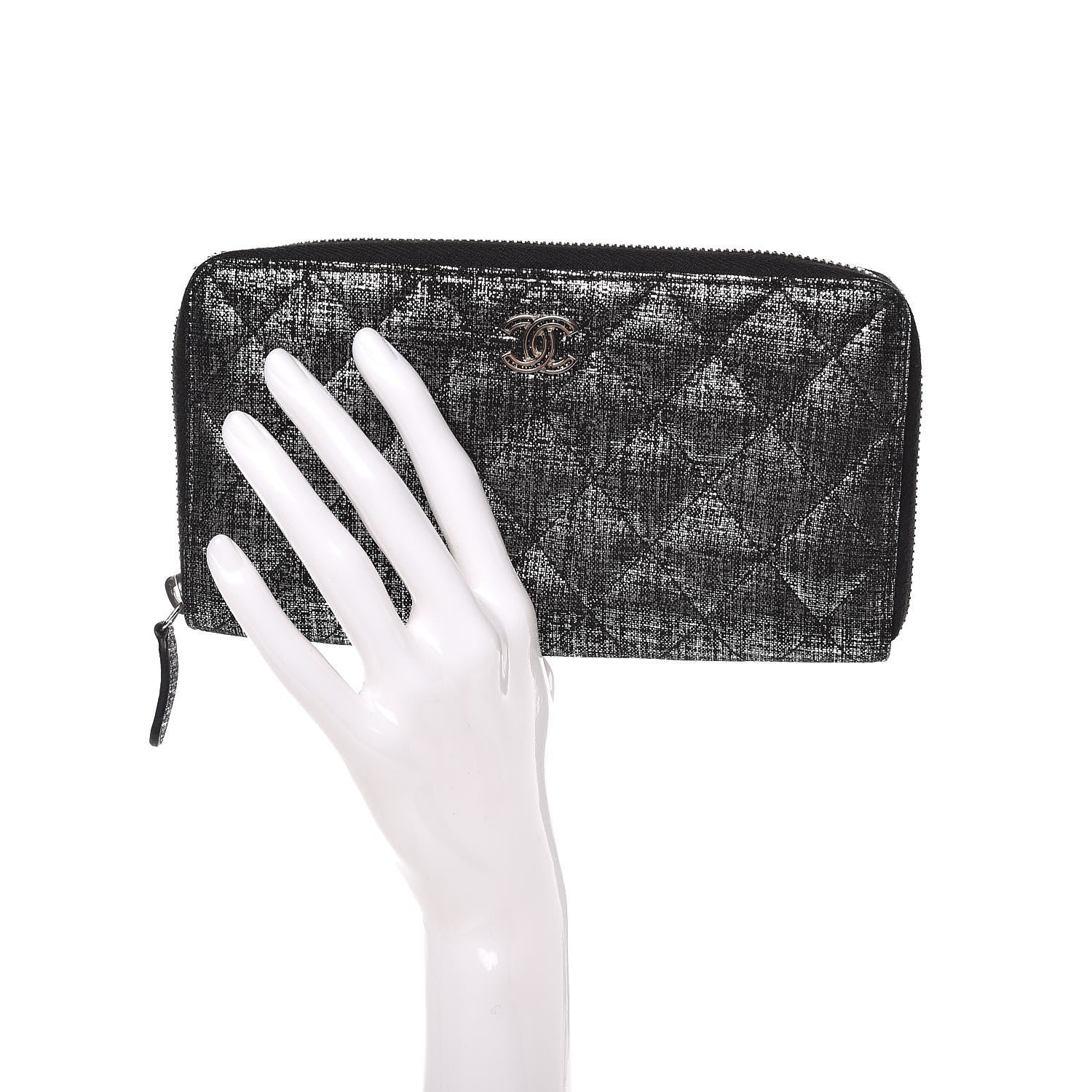 Chanel Metallic Fabric Quilted Zip Around Wallet Silver Black 2 of 8