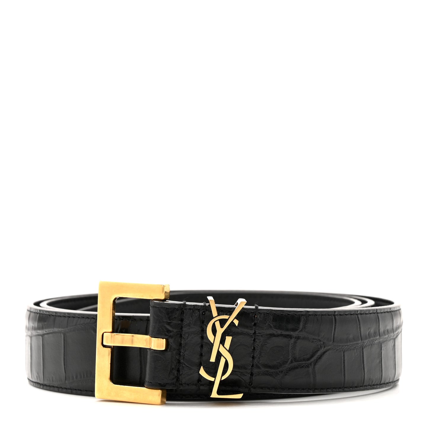 Calfskin Crocodile Embossed Monogram Square Buckle Belt 100 40 Black