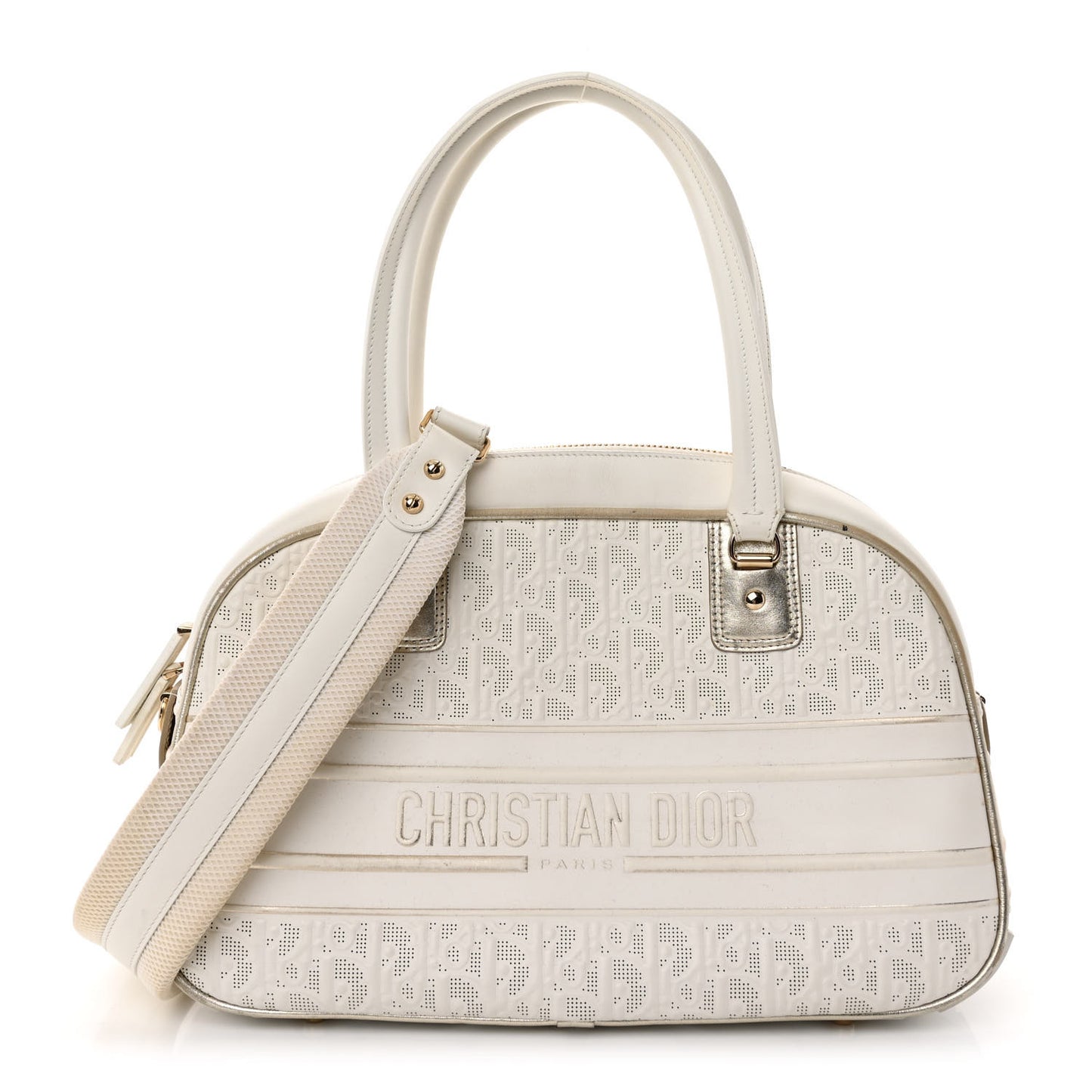 Perforated Calfskin Medium Dior Vibe Classic Bowling Bag White Gold