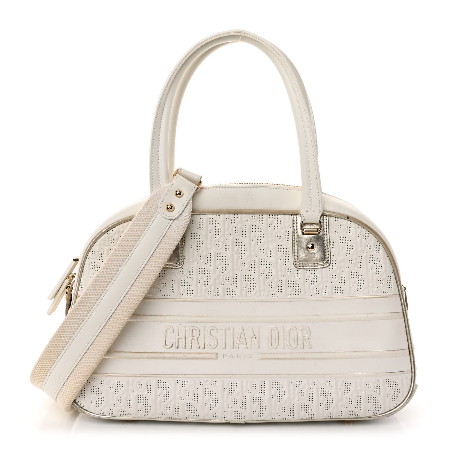 Christian Dior Perforated Calfskin Medium Dior Vibe Classic Bowling Bag White Gold 1 of 10