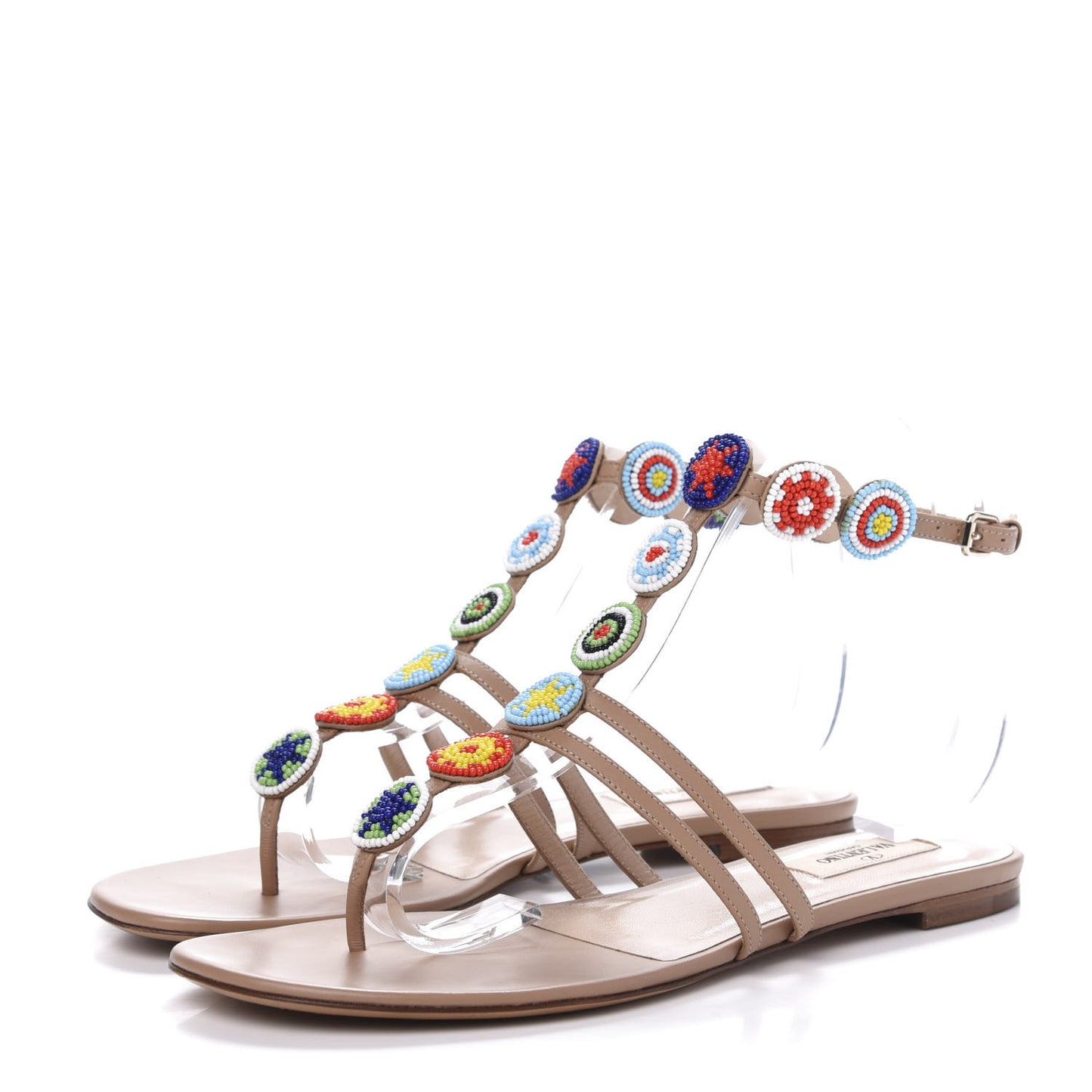 Nappa Beaded Medallion Ankle Wrap Flat Thong Sandals 39 Skin Sorbet