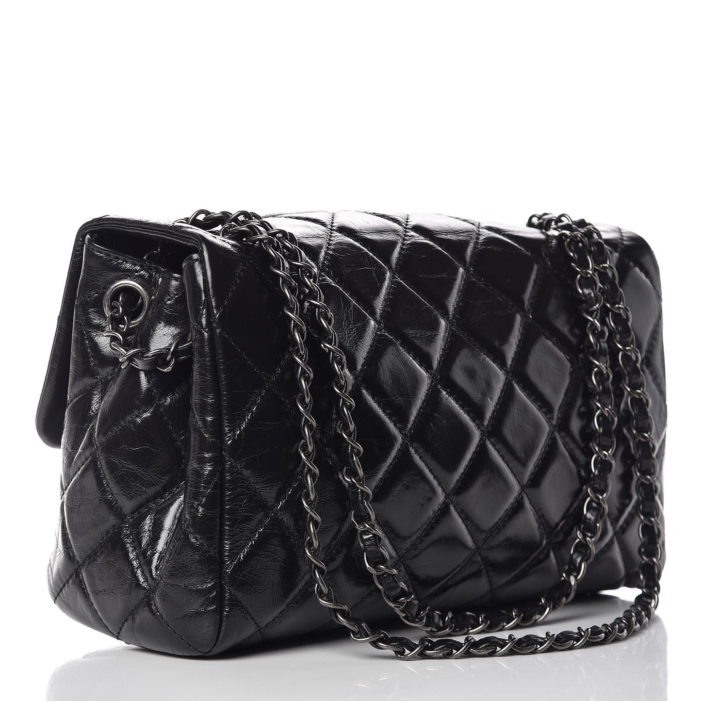 Glazed Calfskin Quilted Large Coco Soft Flap Black