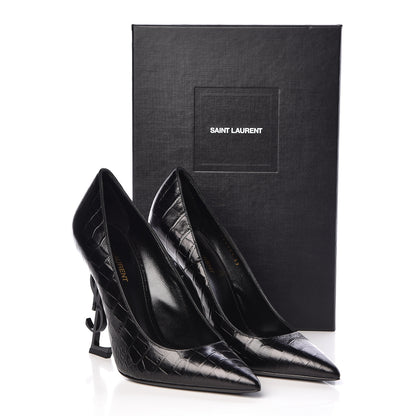 Saint Laurent Calfskin Crocodile Embossed Opyum 110 Pumps 39 Black 9 of 10