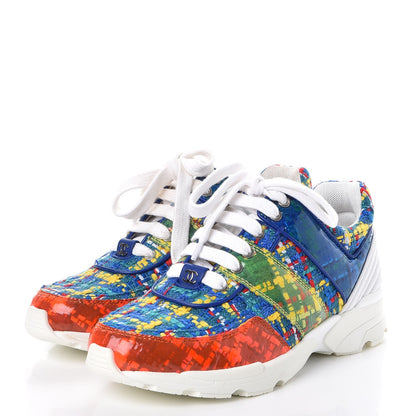 Chanel Tweed Calfskin Tennis Sneakers 35 Red Yellow Blue 3 of 9