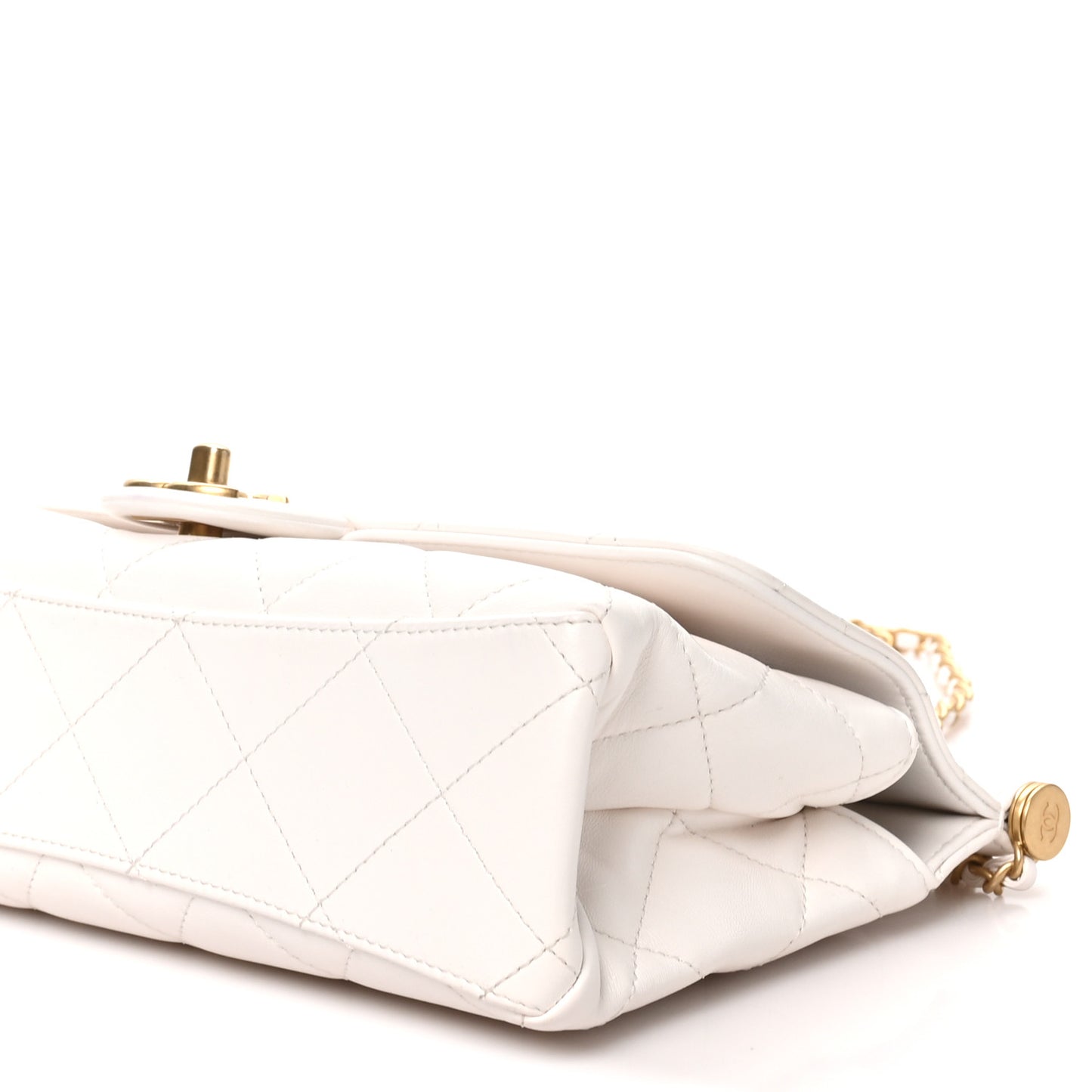 Shiny Lambskin Pearl Top Handle Flap Shopping Bag White