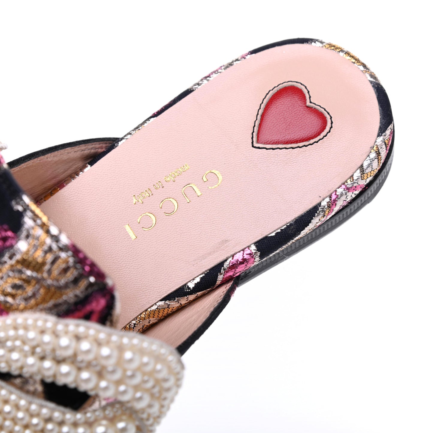 Iridescent Brocade Pearl Bow Womens Princetown Slippers 36.5 Black Pink