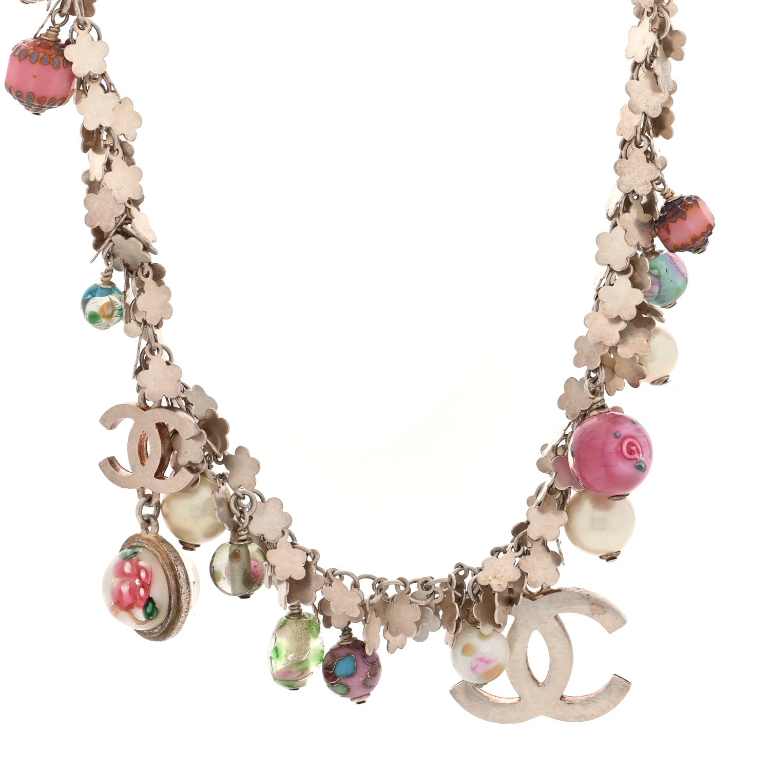 Chanel Pearl Enamel Bead CC Necklace Pink Silver 1 of 3